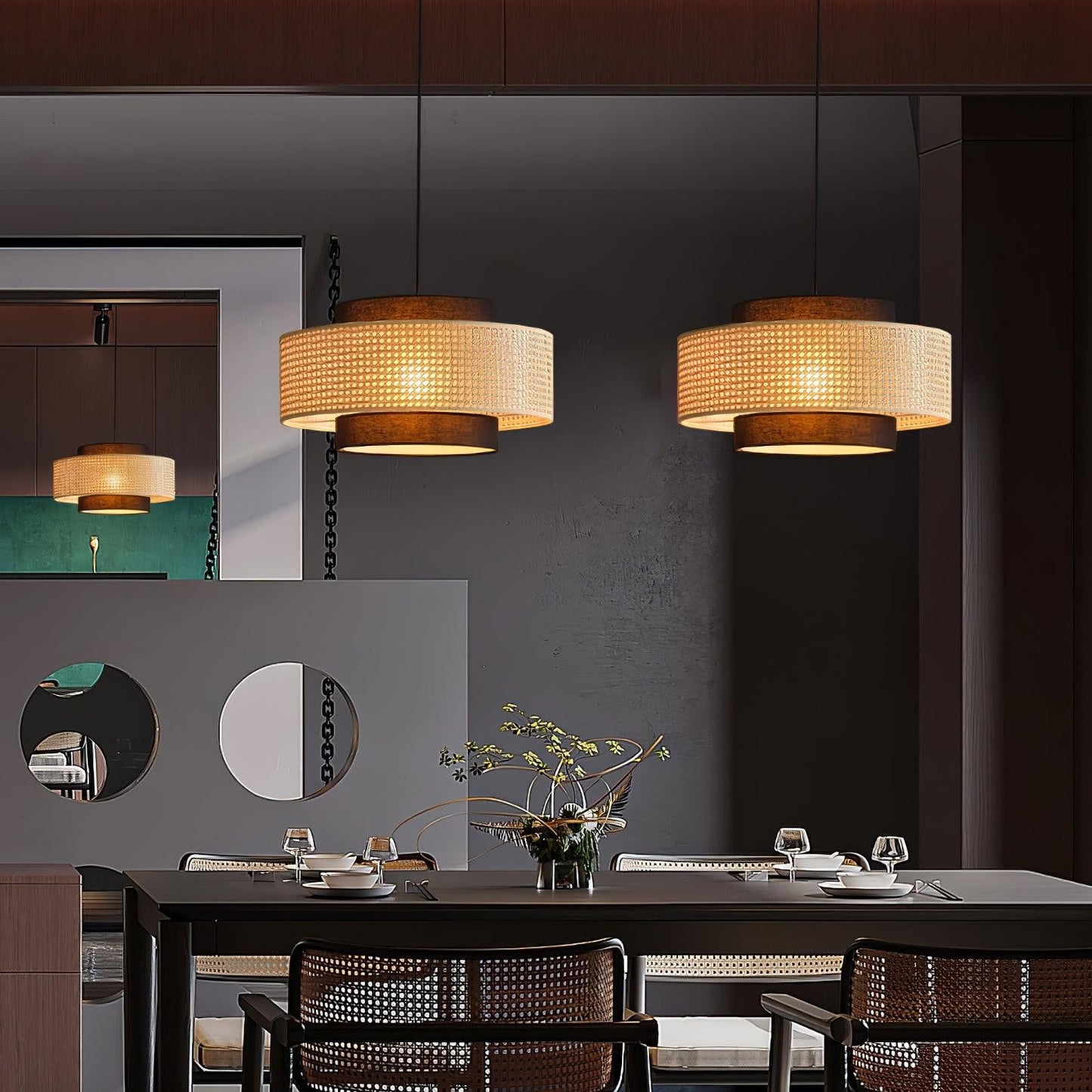 Nivara Rattan Linen Double Drum Pendant Light