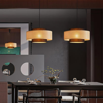 Nivara Rattan Linen Double Drum Pendant Light