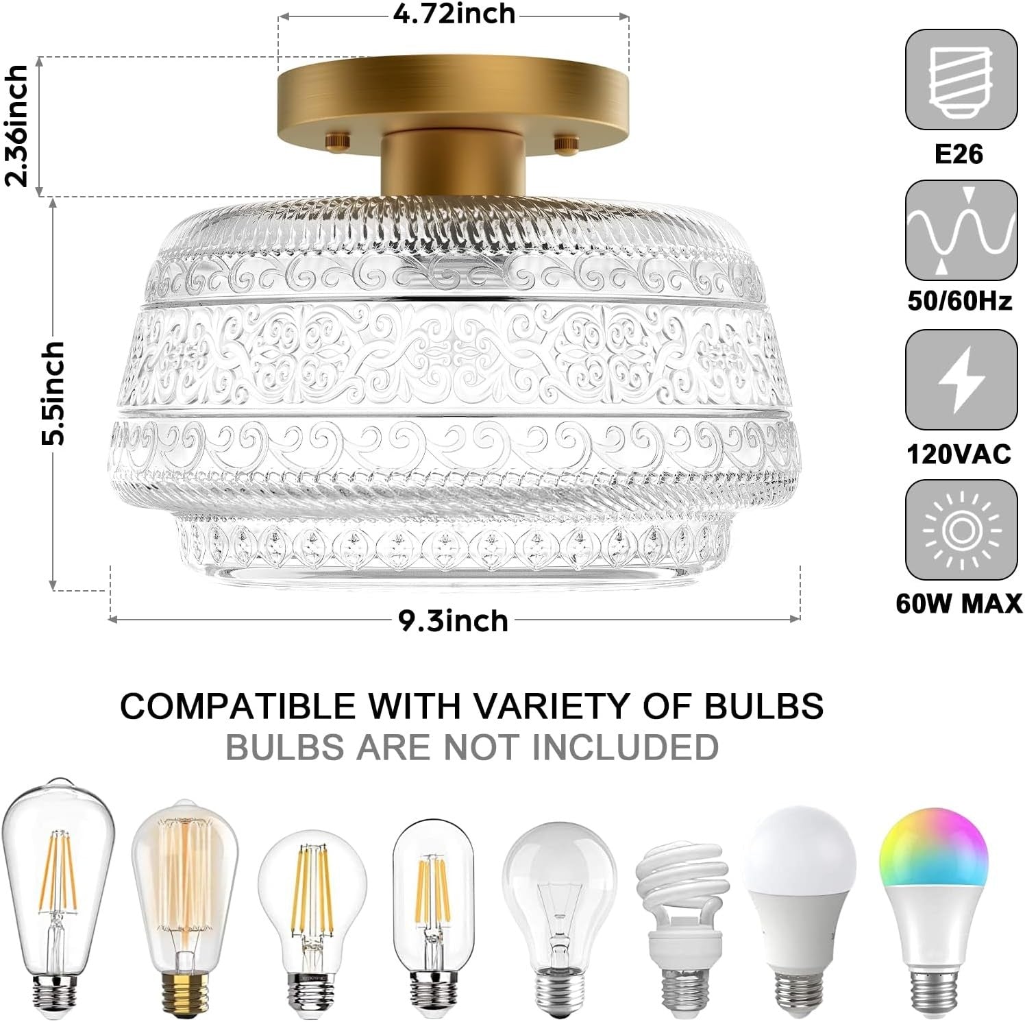 Ixionis Farmhouse Patterned Glass Semi Flush Mount Ceiling Light
