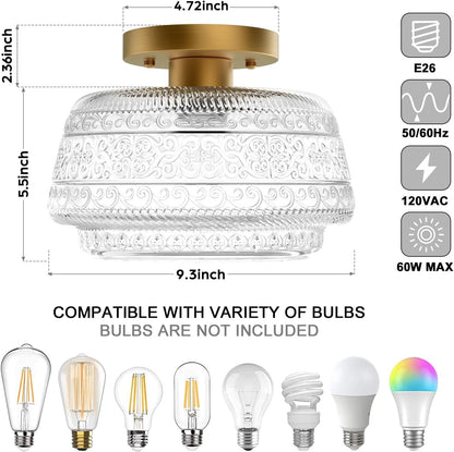 Ixionis Farmhouse Patterned Glass Semi Flush Mount Ceiling Light