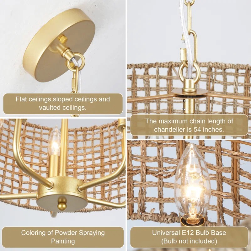 Arlo Bohemian 5 Light Natural Rattan Drum Chandelier
