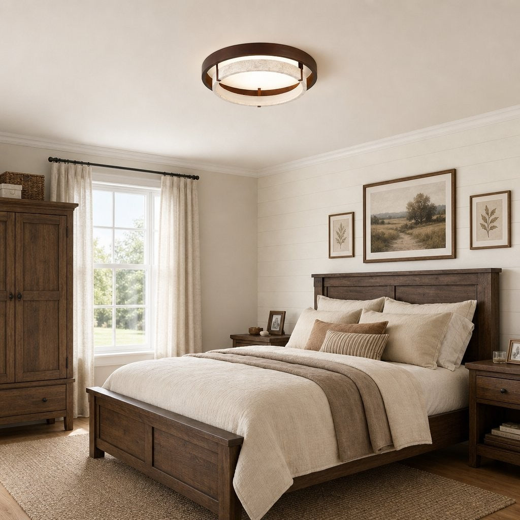 Jayce Organic Wood & Travertine Layered Round Ceiling Light