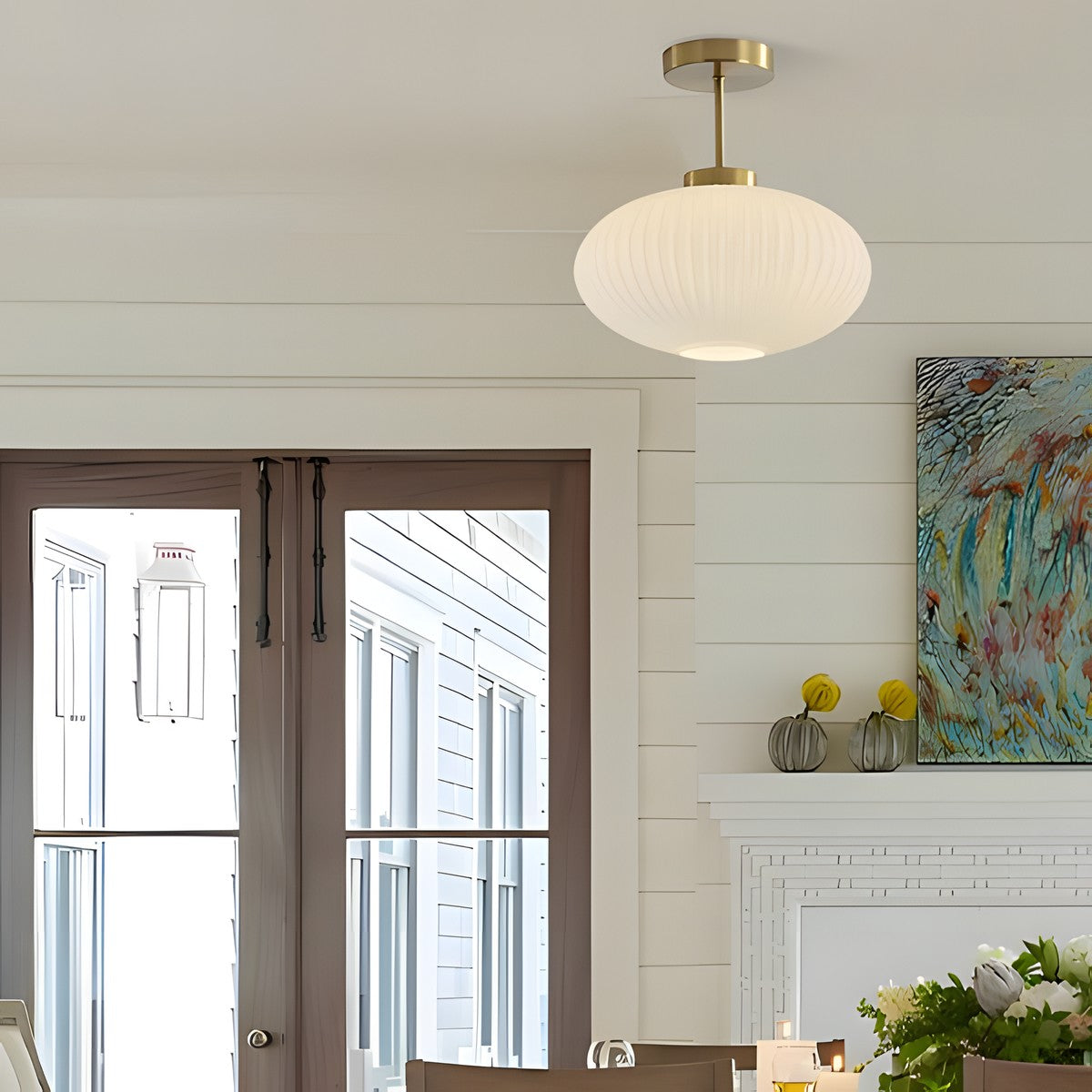 Jorik Natural Green Ribbed Glass Oval Ceiling Light