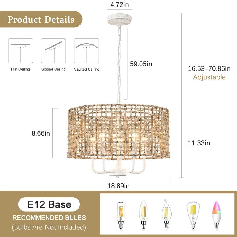 Arlo Bohemian 5 Light Natural Rattan Drum Chandelier