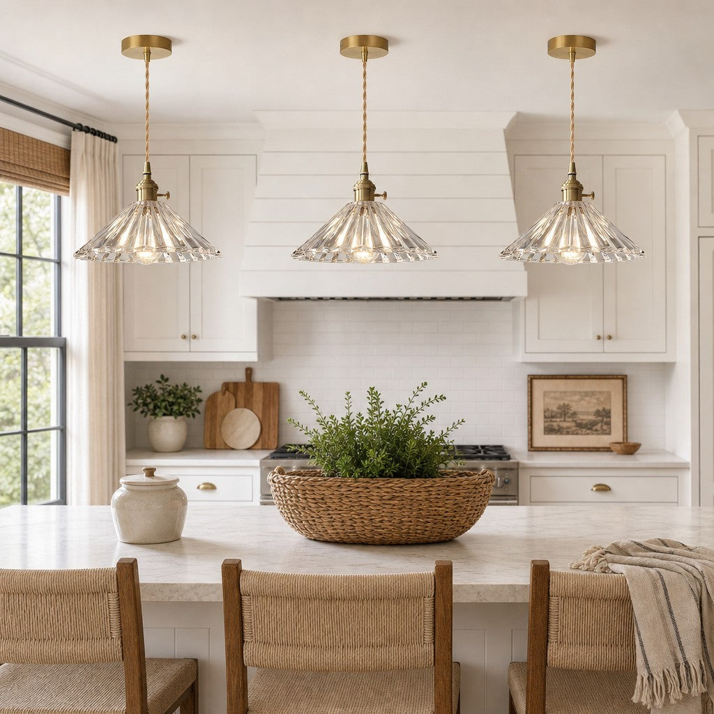 Fyron Retro Clear Brass Glass Pleated Pendant Light