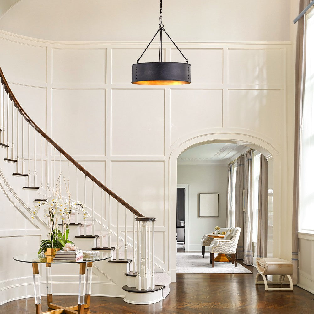 Quillan Industrial Large Black Drum Pendant Light For Dinning Room