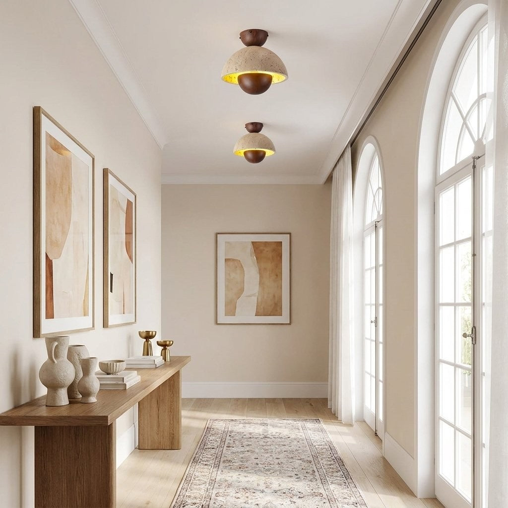 Elrick Mid-Century Travertine Wood Dome Ceiling Light