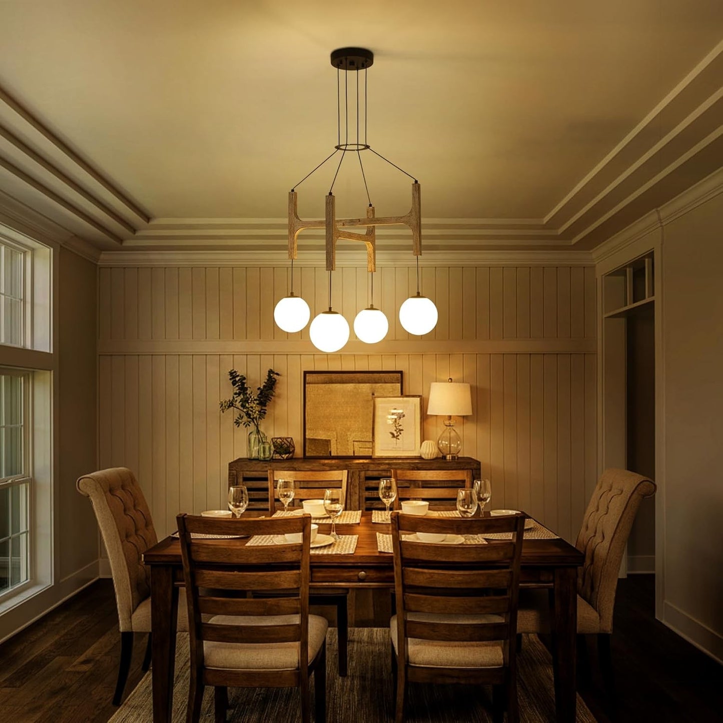 Astraea Farmhouse Wooden Branch Milk Glass Globe Chandelier