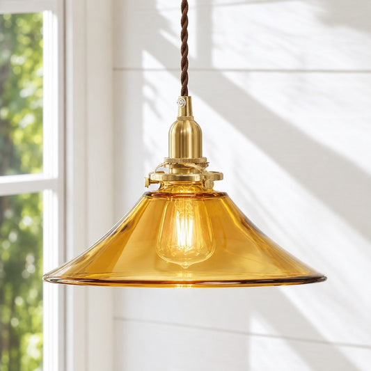 Vythar Retro Brass Cone Amber Glass Pendant Light