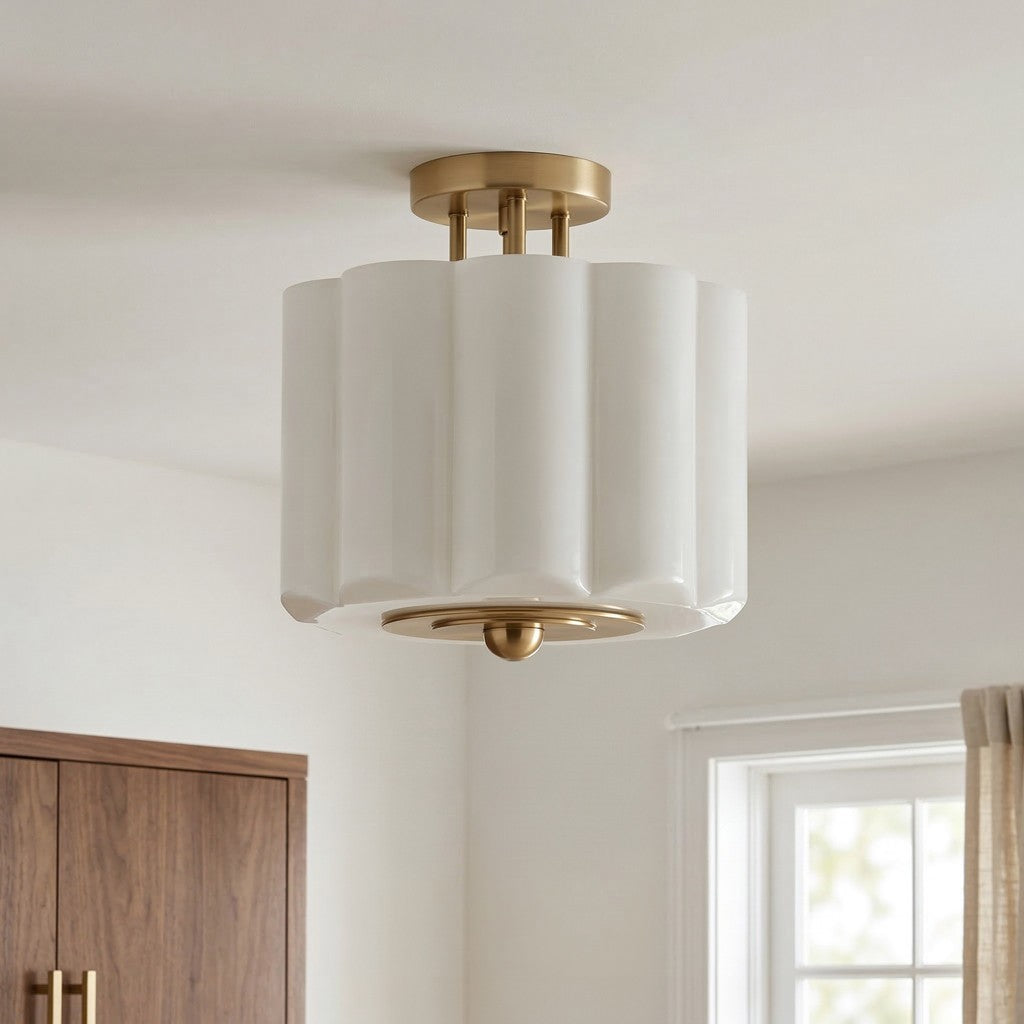 Hanahs Farmhouse Milk Glass Scalloped Shade Ceiling Light