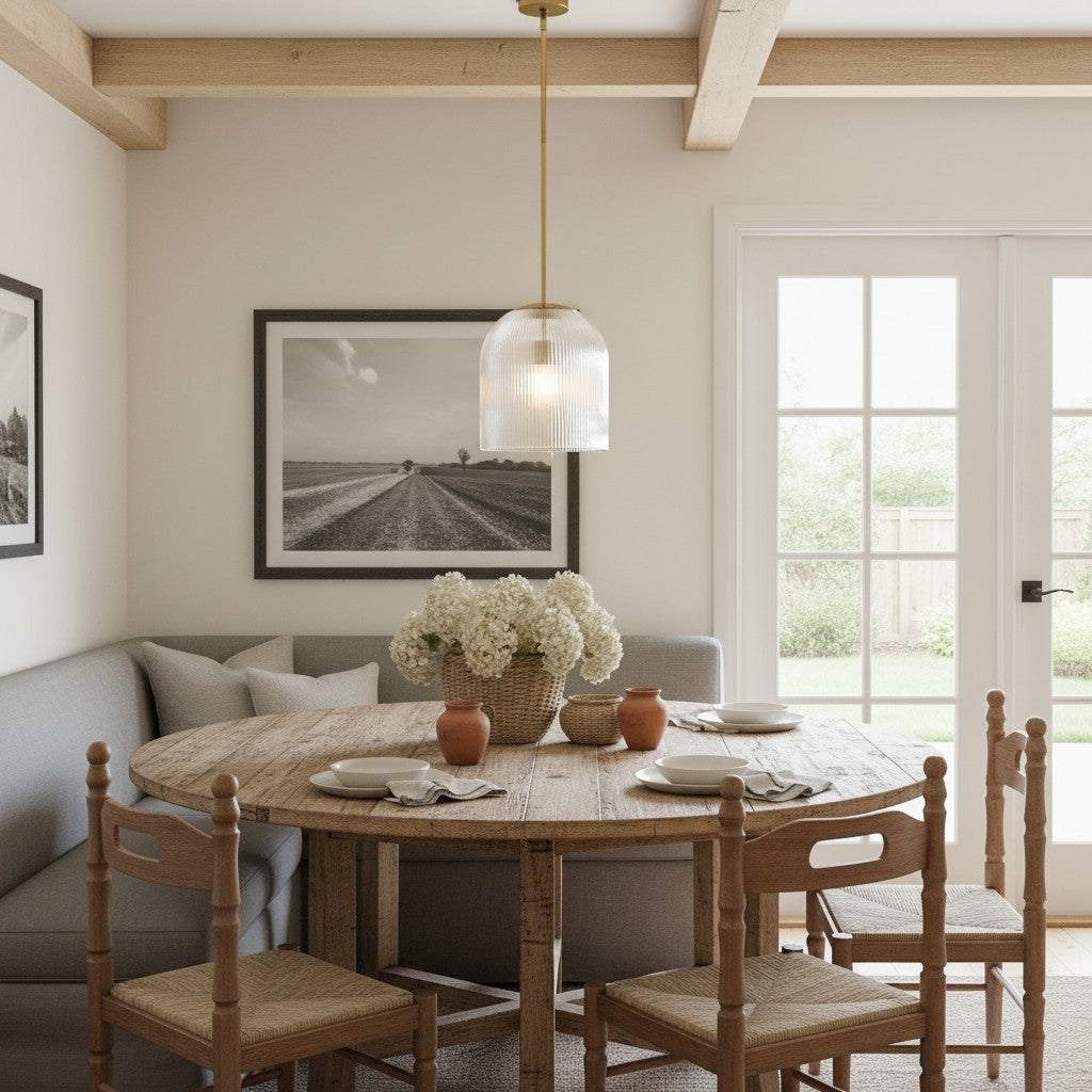 Alain Farmhouse Cooper Ribbed Glass Pendant Light For Dining Room & Kitchen