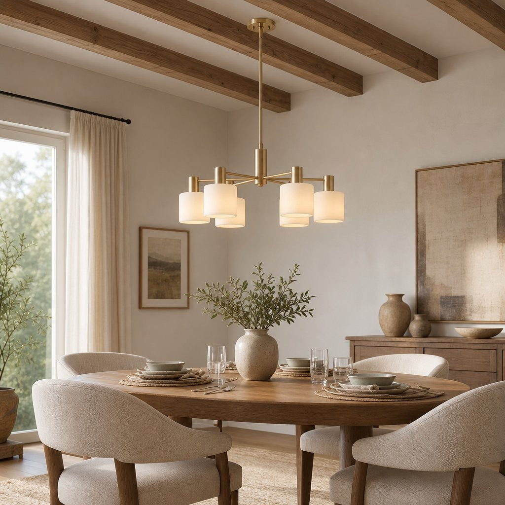 Aura Mid-Century Brass Porcelain Cylinder Chandelier