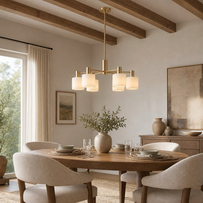 Aura Mid-Century Brass Porcelain Cylinder Chandelier