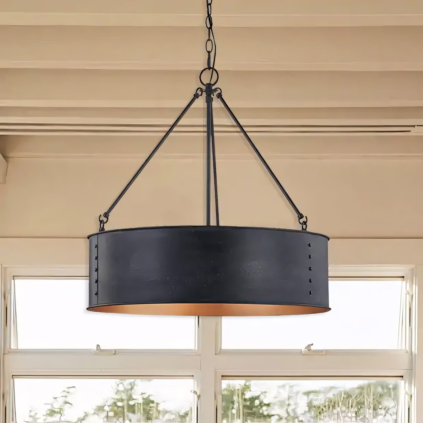 Quillan Industrial Large Black Drum Pendant Light For Dinning Room