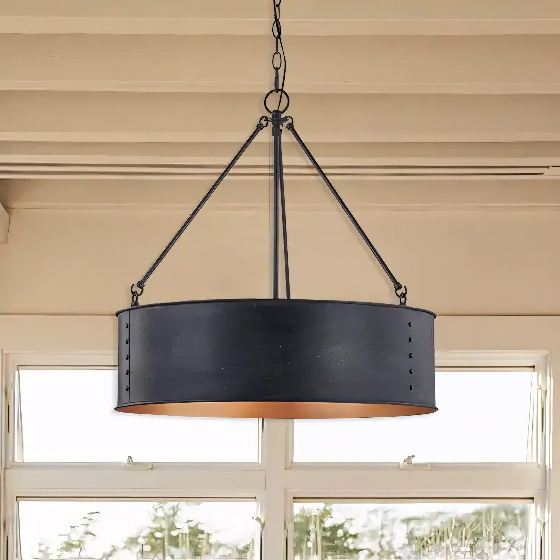 Quillan Industrial Large Black Drum Pendant Light For Dinning Room