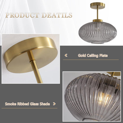 Jorik Natural Green Ribbed Glass Oval Ceiling Light