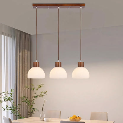 Tyrionth Wood Base 3 Light White Ribbed Glass Shade Pendant Light