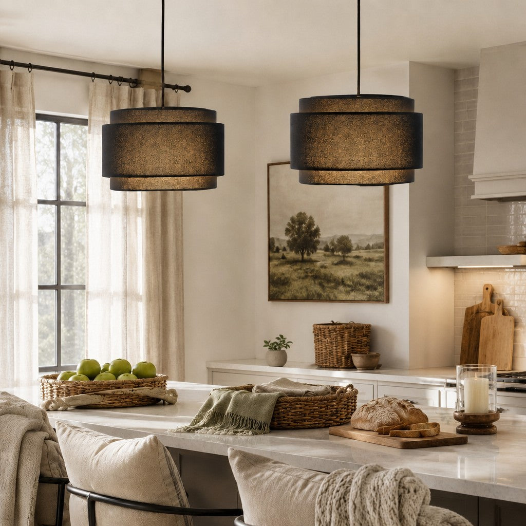 Virelai Modern Linen Double Drum Pendant Light