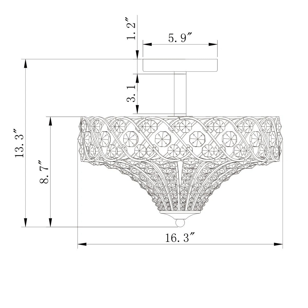 Kim Rustic Bronze 4-Light Crystal Semi-Flush Mount Ceiling Light