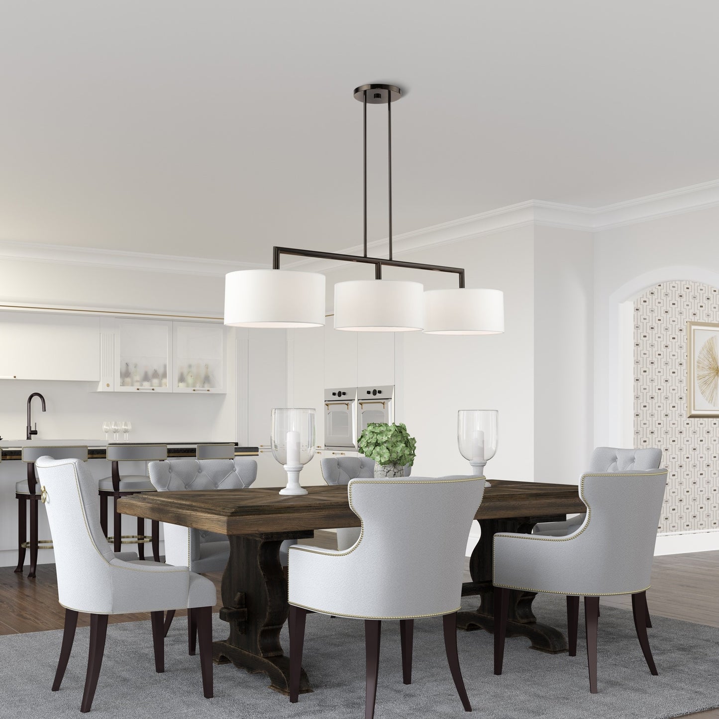 Glythar Black 3 Light White Fibric Drum Shades Linear Chandelier