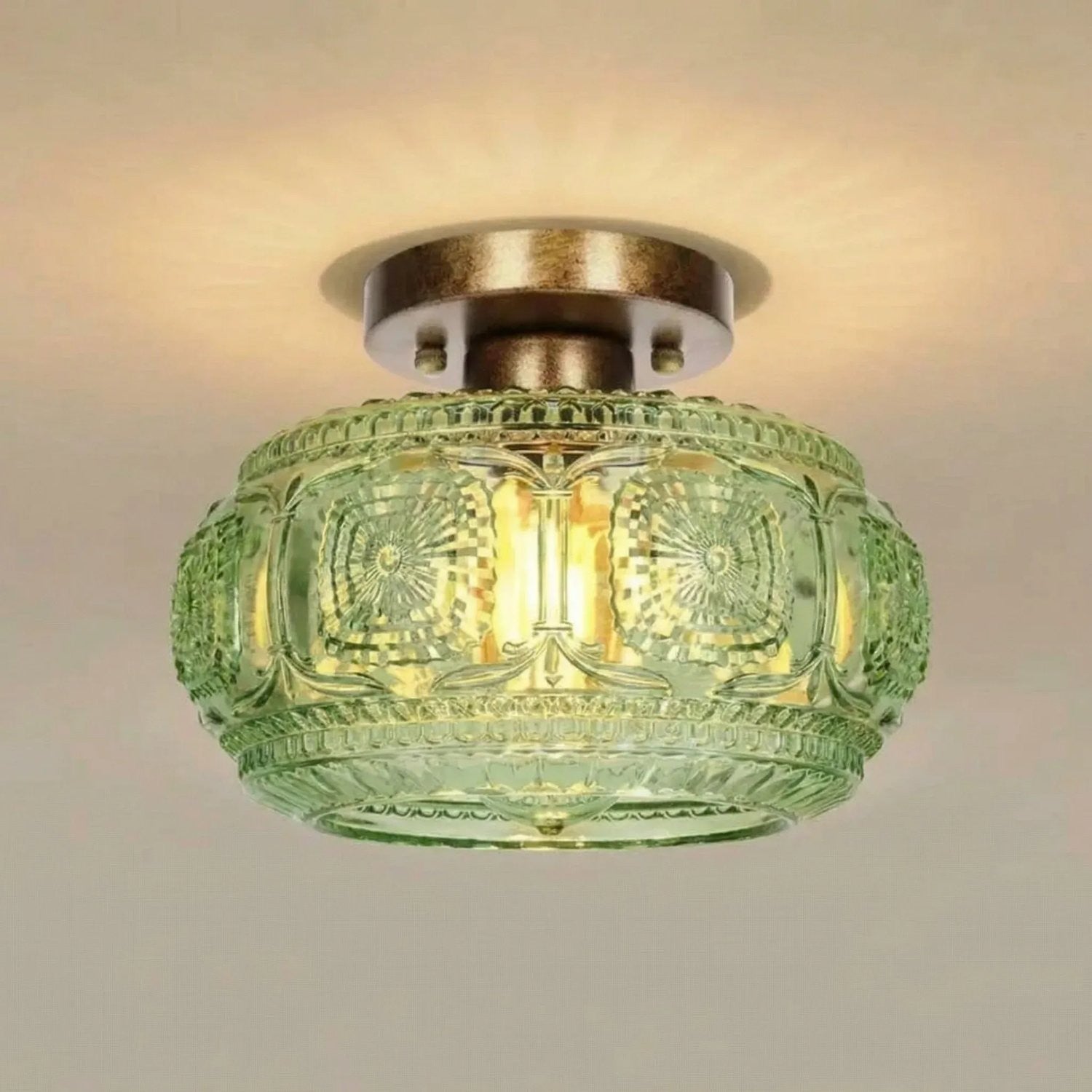 Ixionis Retro Carved Glass Semi Flush Ceiling Light
