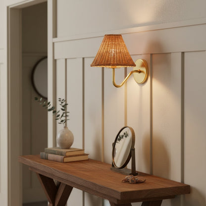Betty Natural Rattan Cone Brass Wall Sconce