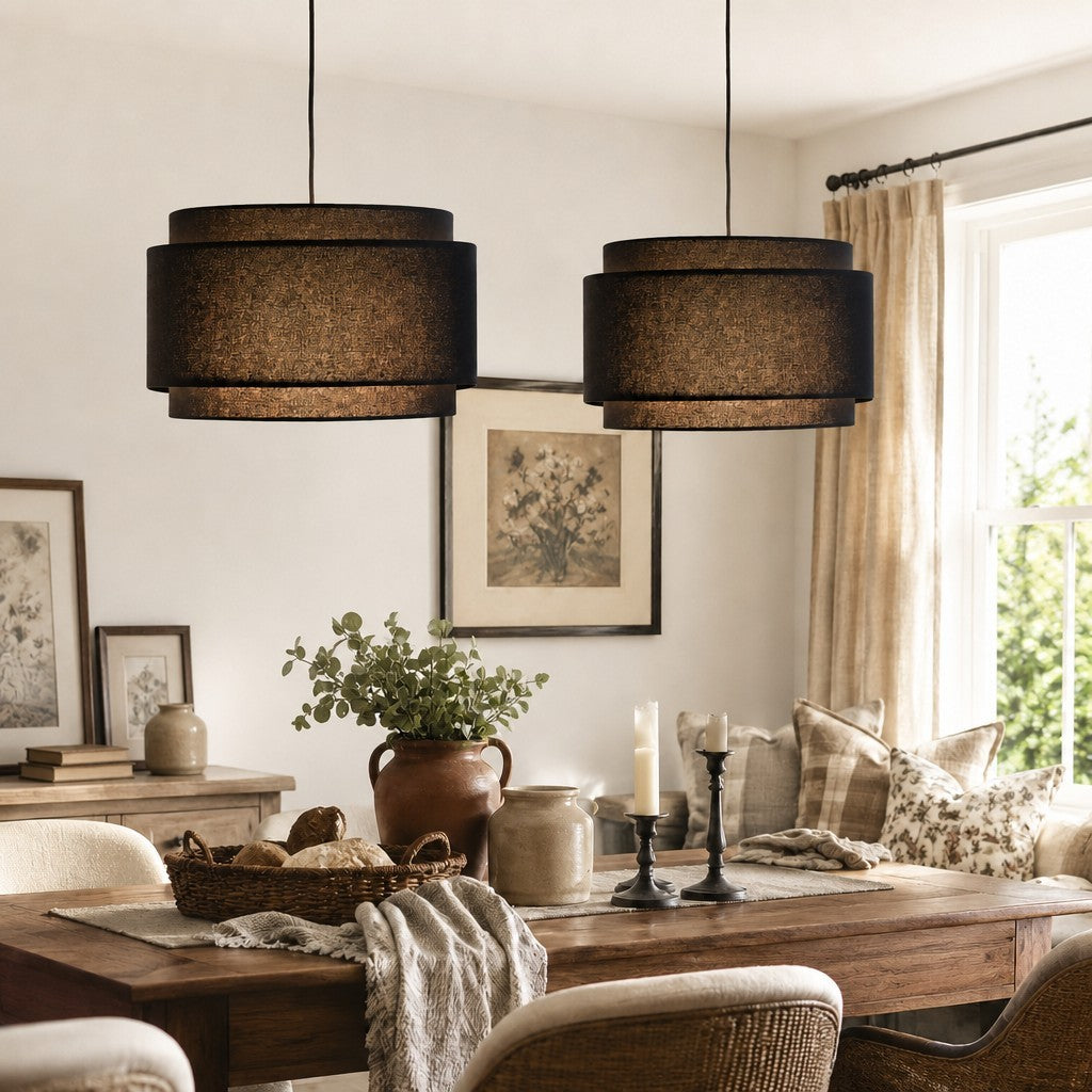 Virelai Modern Linen Double Drum Pendant Light