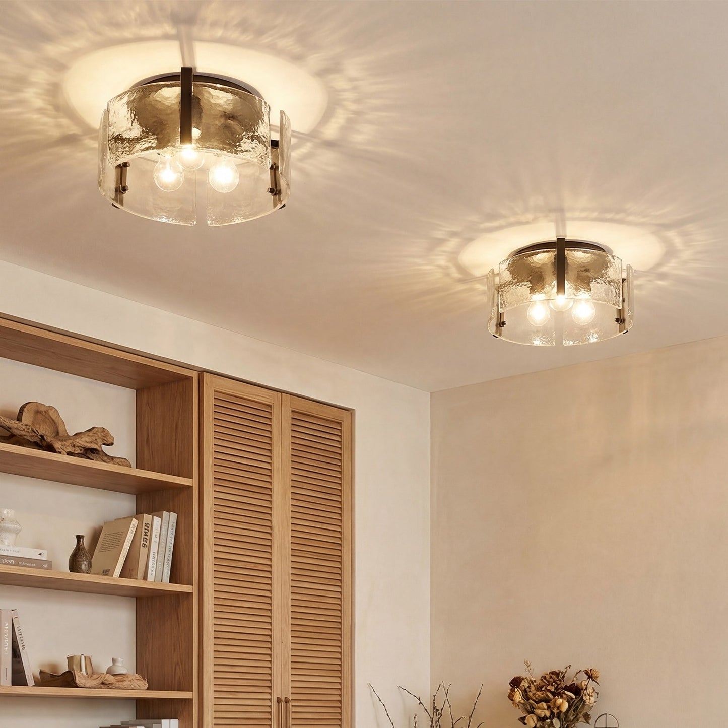 Ozu Modern Water Ripple Glass Drum Flush Mount Light