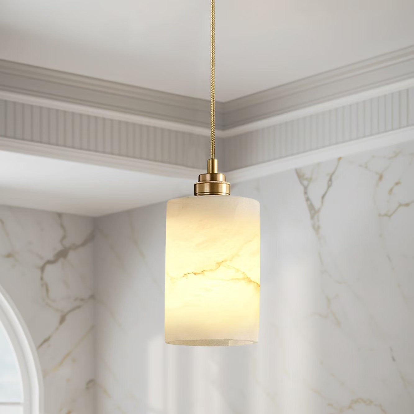 Beverlee Modern Brass Cylinder Alabaster Pendant Light