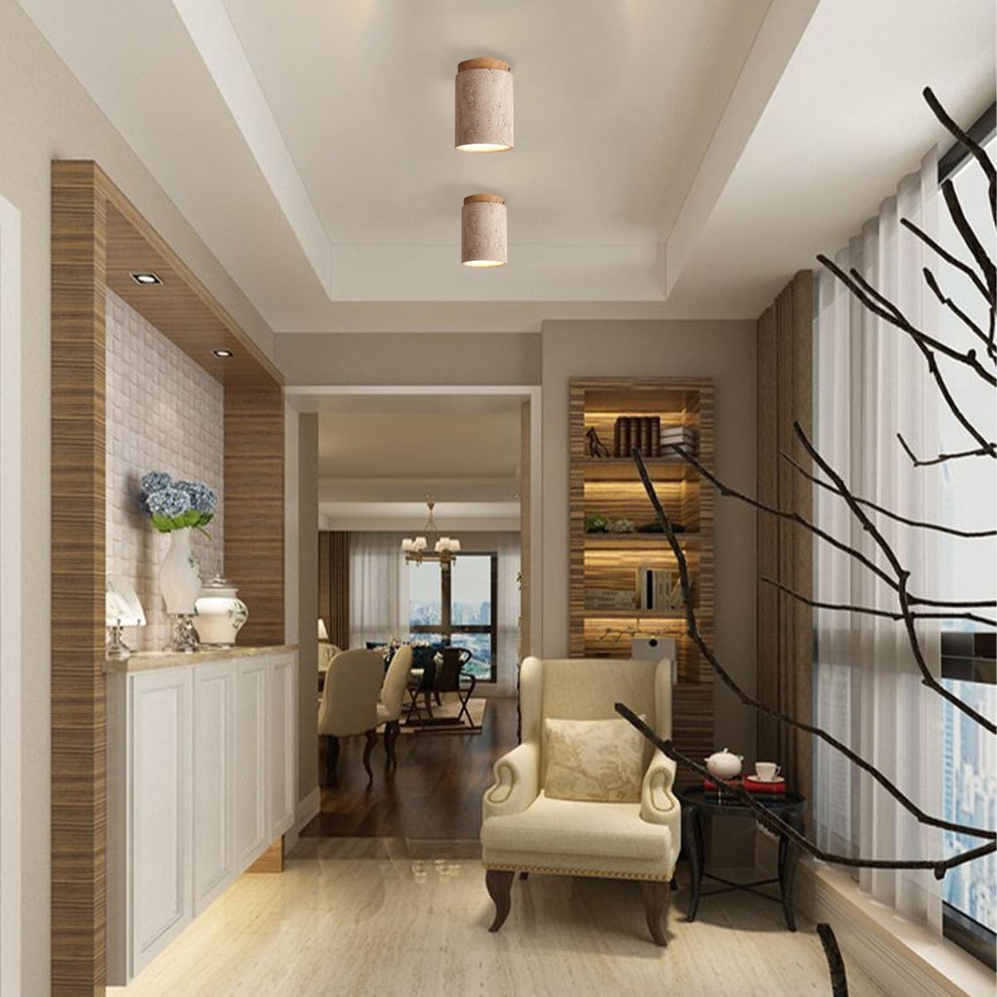 Hyrion Mini Wood And Stone Cylinder Travertine Ceiling Light