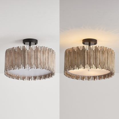 Callio Rustic Distressed White Wood Drum Semi Flush Mount Ceiling Light