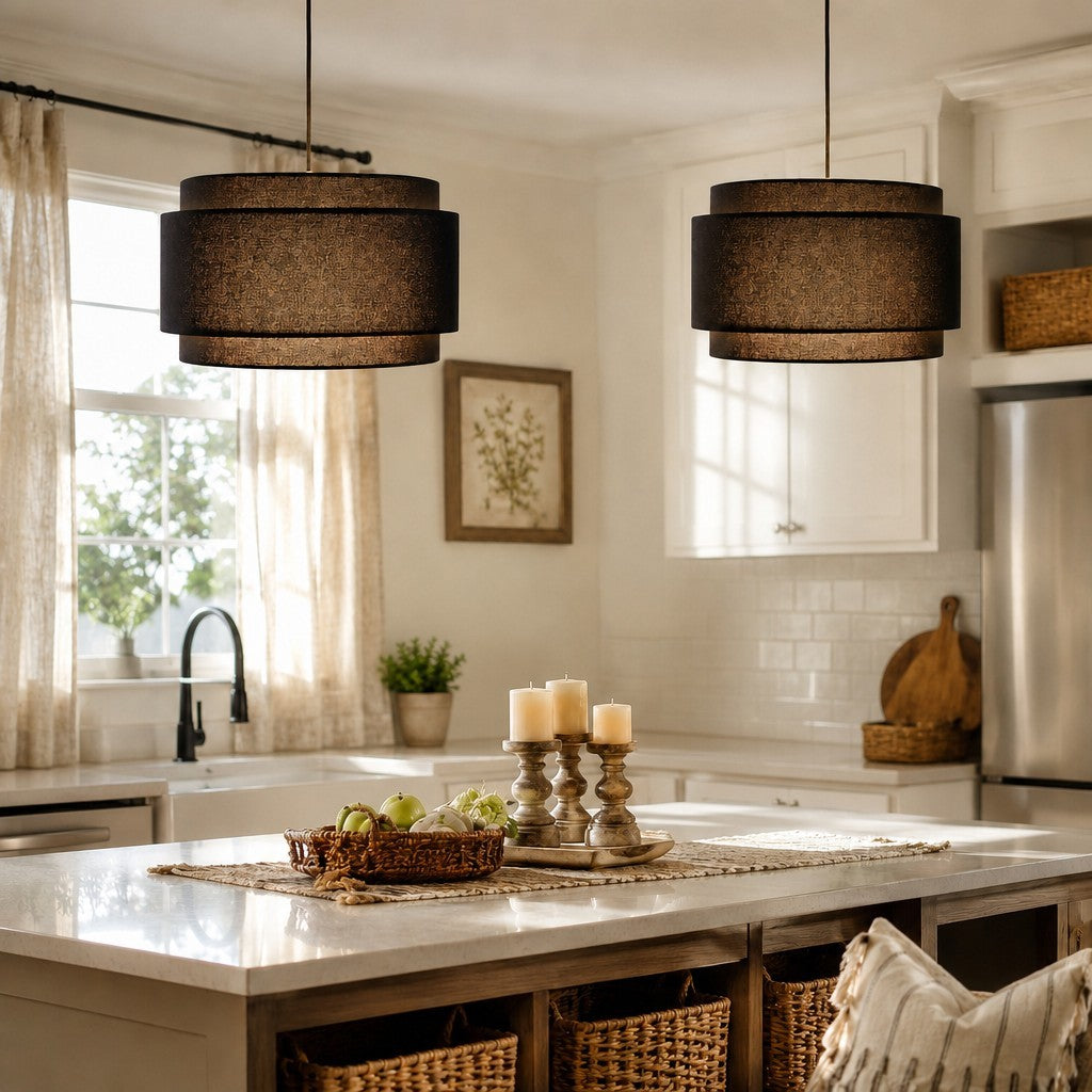 Virelai Modern Linen Double Drum Pendant Light