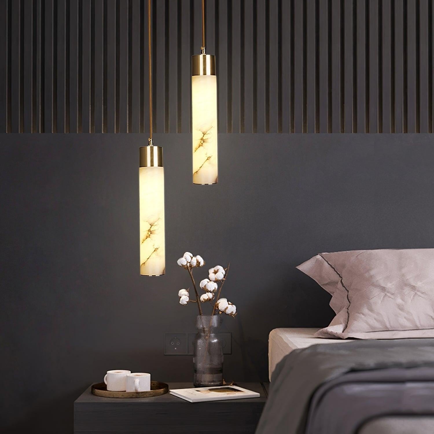 Odalys Luxurious Cylindrical Alabaster Brass Pendant Light