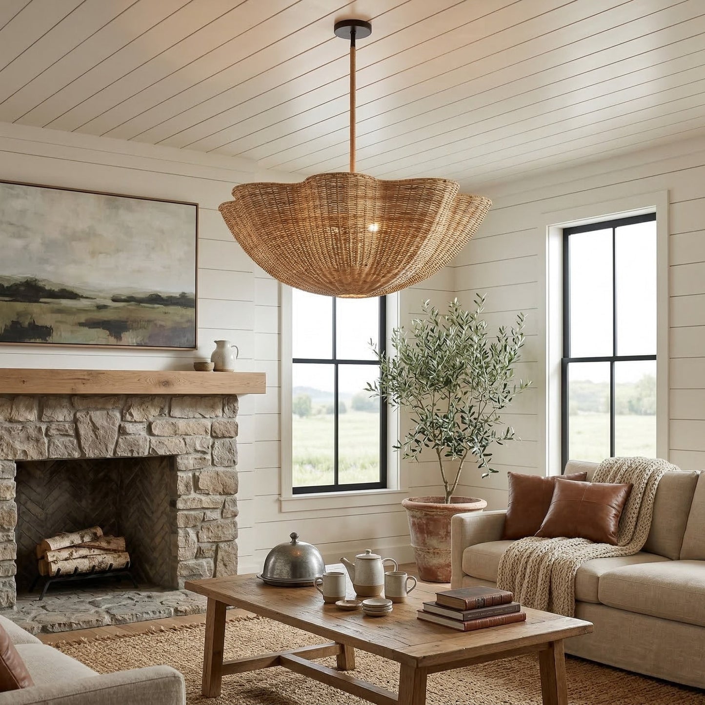 Daxter Bohemian Woven Rattan Scalloped Pendant Light