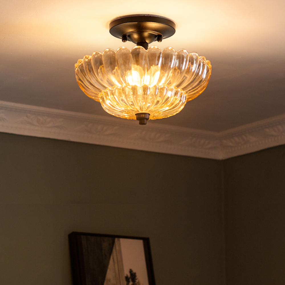 Raveena Vintage Amber Glass Semi Flush Mount Floral Ceiling Light