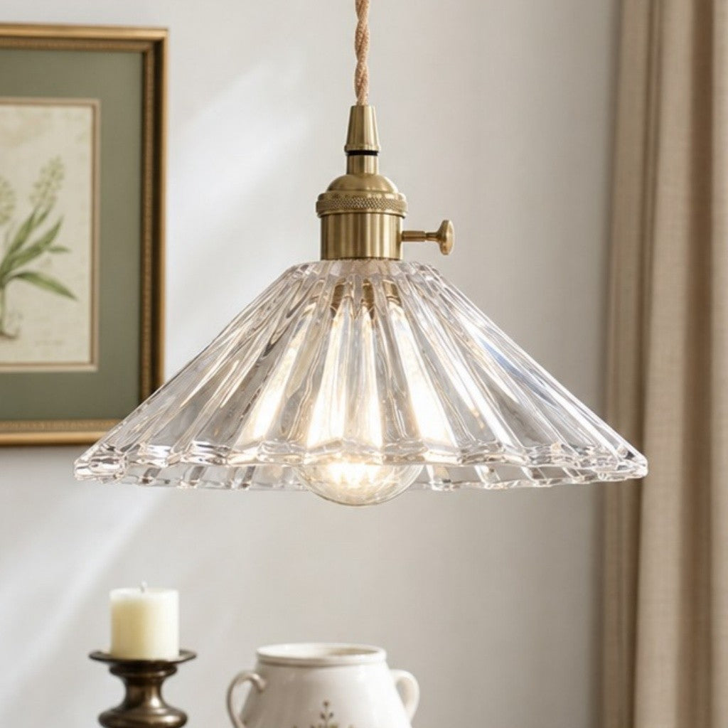 Fyron Retro Clear Brass Glass Pleated Pendant Light