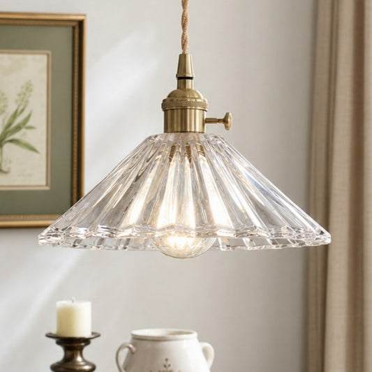 Fyron Retro Clear Brass Glass Pleated Pendant Light