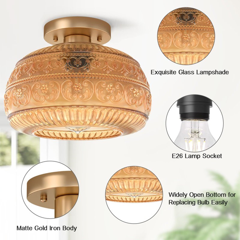 Ixionis Stained Engraved Pattern Glass Flush Mount Ceiling Light