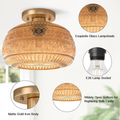 Ixionis Stained Engraved Pattern Glass Flush Mount Ceiling Light