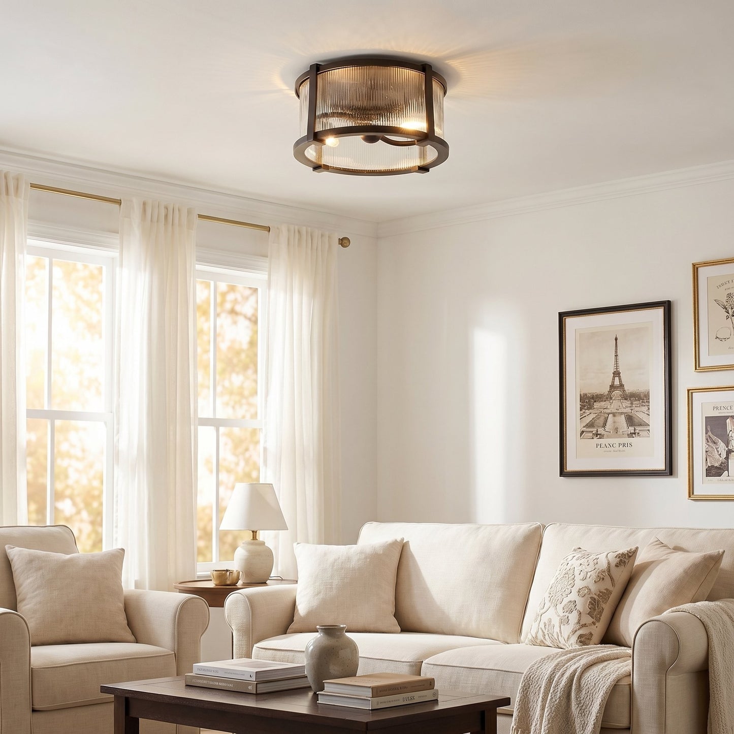 Gillen Vintage Ribbed Glass Drum Flush Mount Ceiling Light