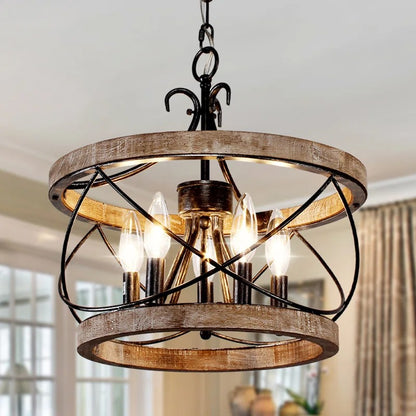 Cael Farmhouse Drum Wood Cage Pendant Light