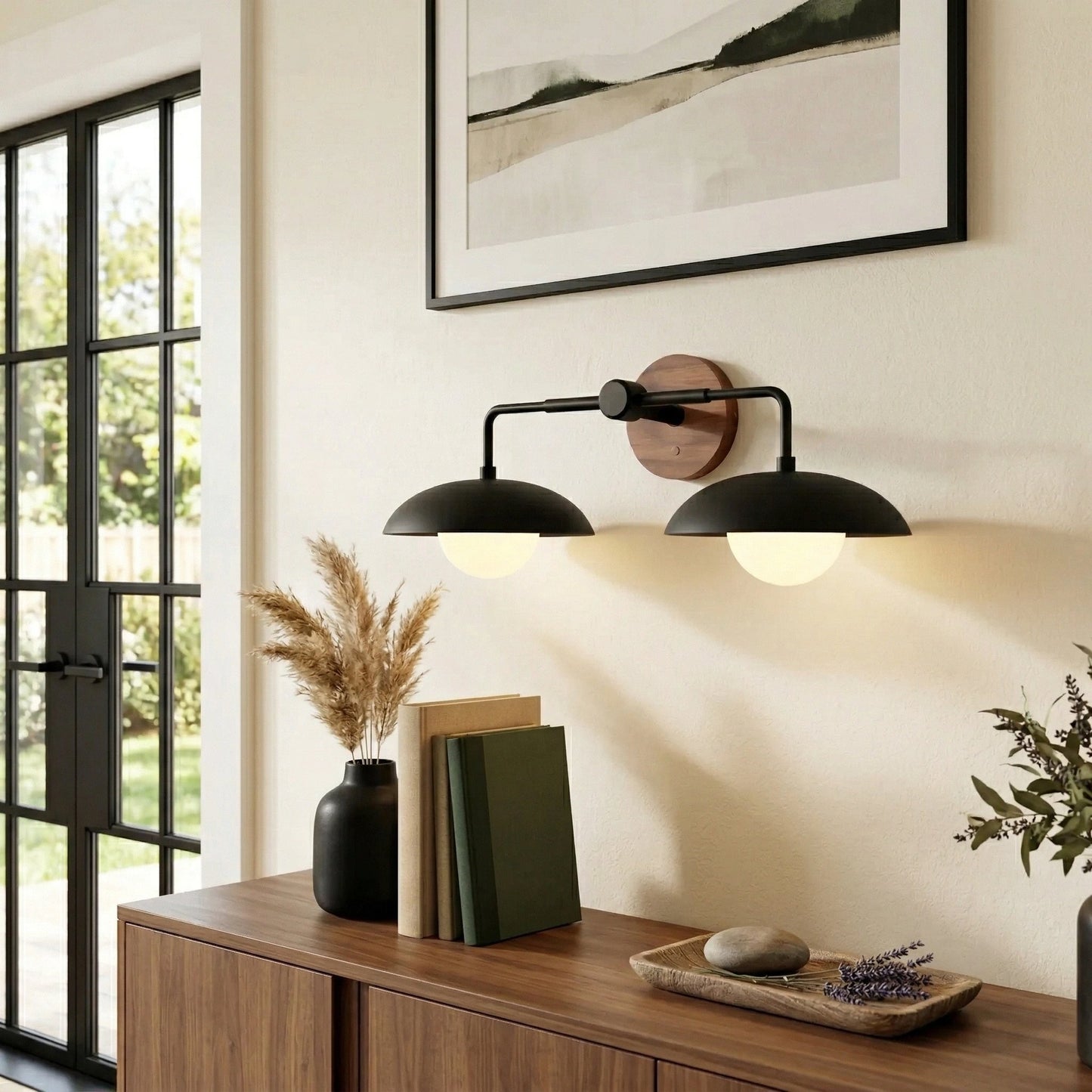 Katya Mid-century Wood Metal Double Dome Wall Sconce