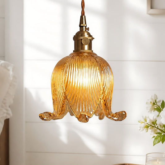 Fawen Retro Floral  Ribbed Glass Shade Pendant Light