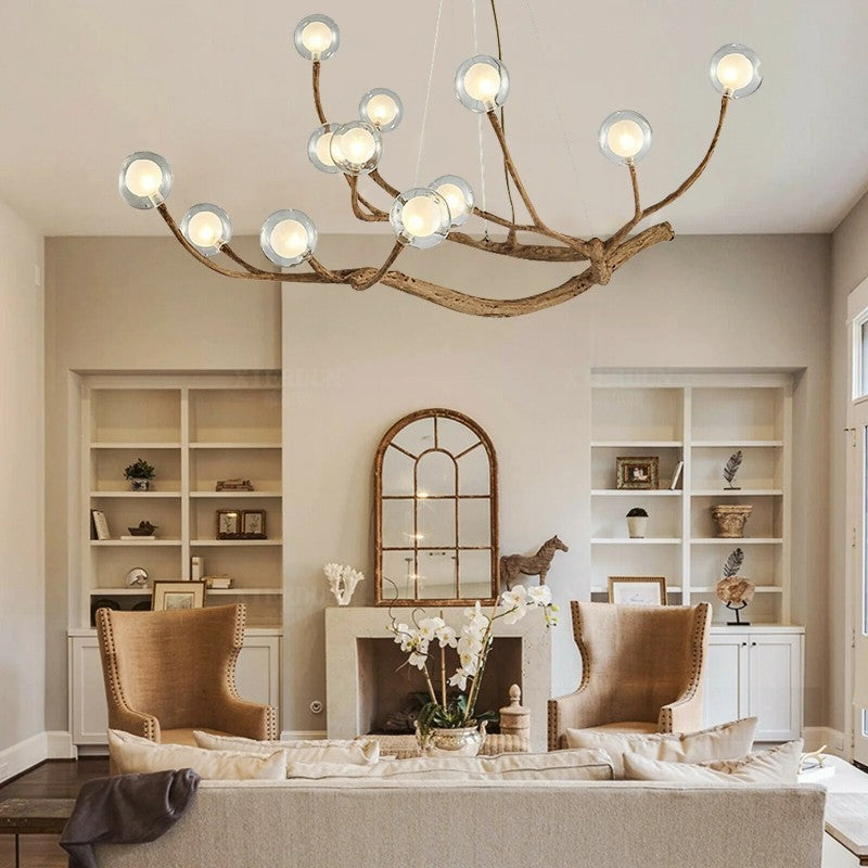 Damian Rustic Tree Branch Chandelier with Bubble Glass Lamp Shades