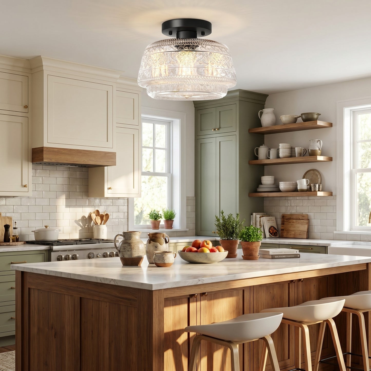 Ixionis Farmhouse Patterned Glass Semi Flush Mount Ceiling Light