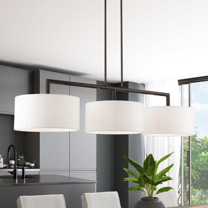 Glythar Black 3 Light White Fibric Drum Shades Linear Chandelier