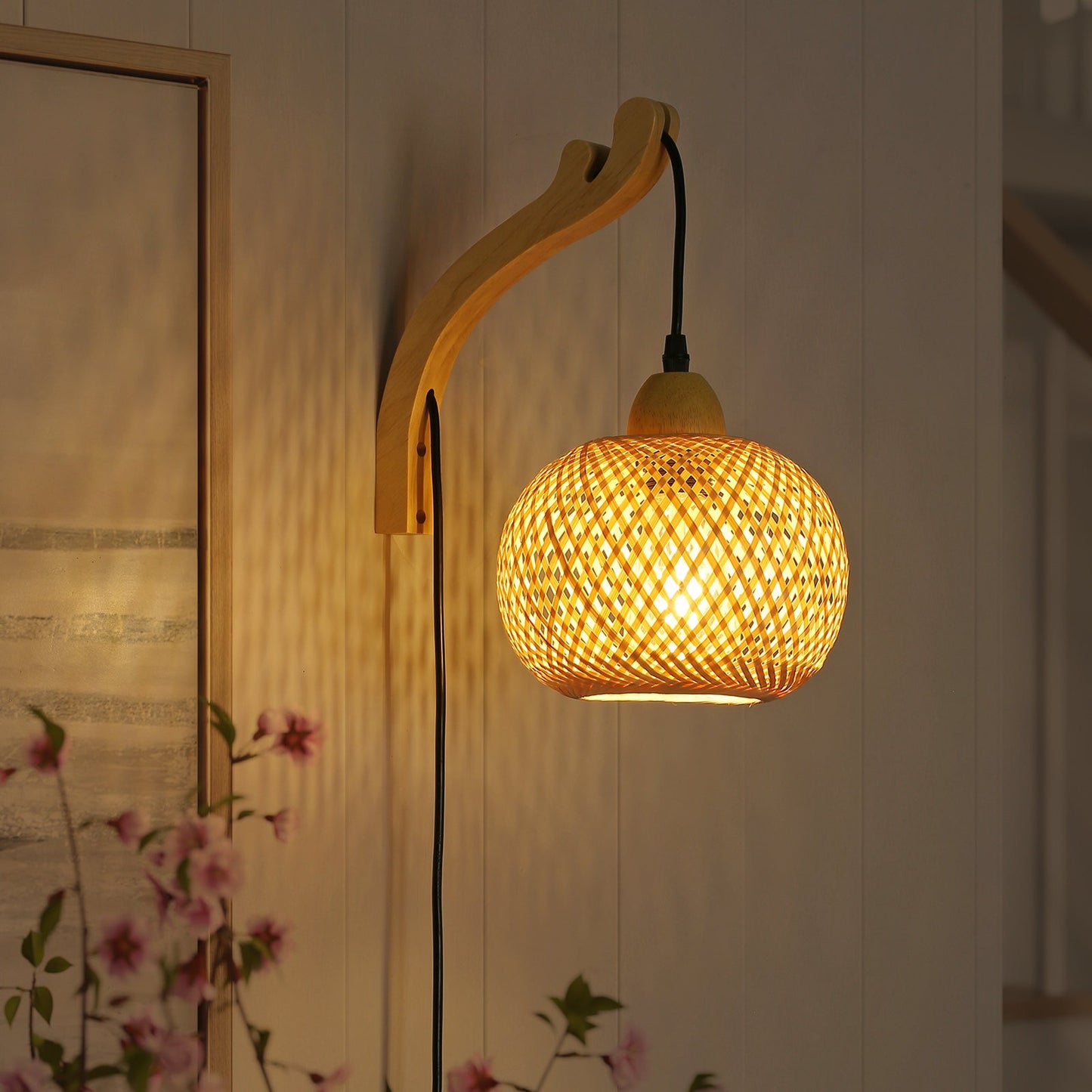 Deyron Rattan Hanging Wood Plug In Wall Mounted Lamp