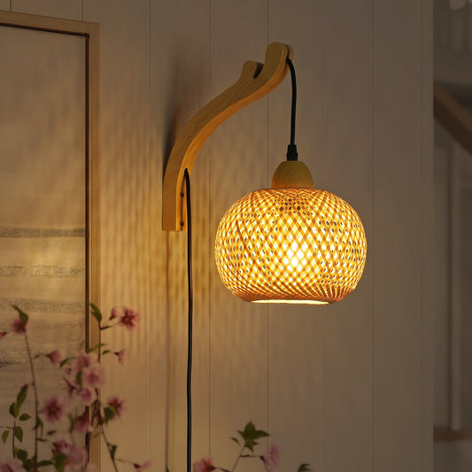Deyron Rattan Hanging Wood Plug In Wall Mounted Lamp