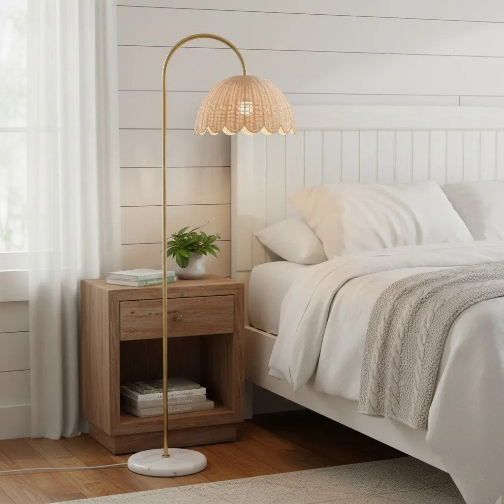 Marlowe Vintage Style Rattan Shade Wood - Based Floor Lamp