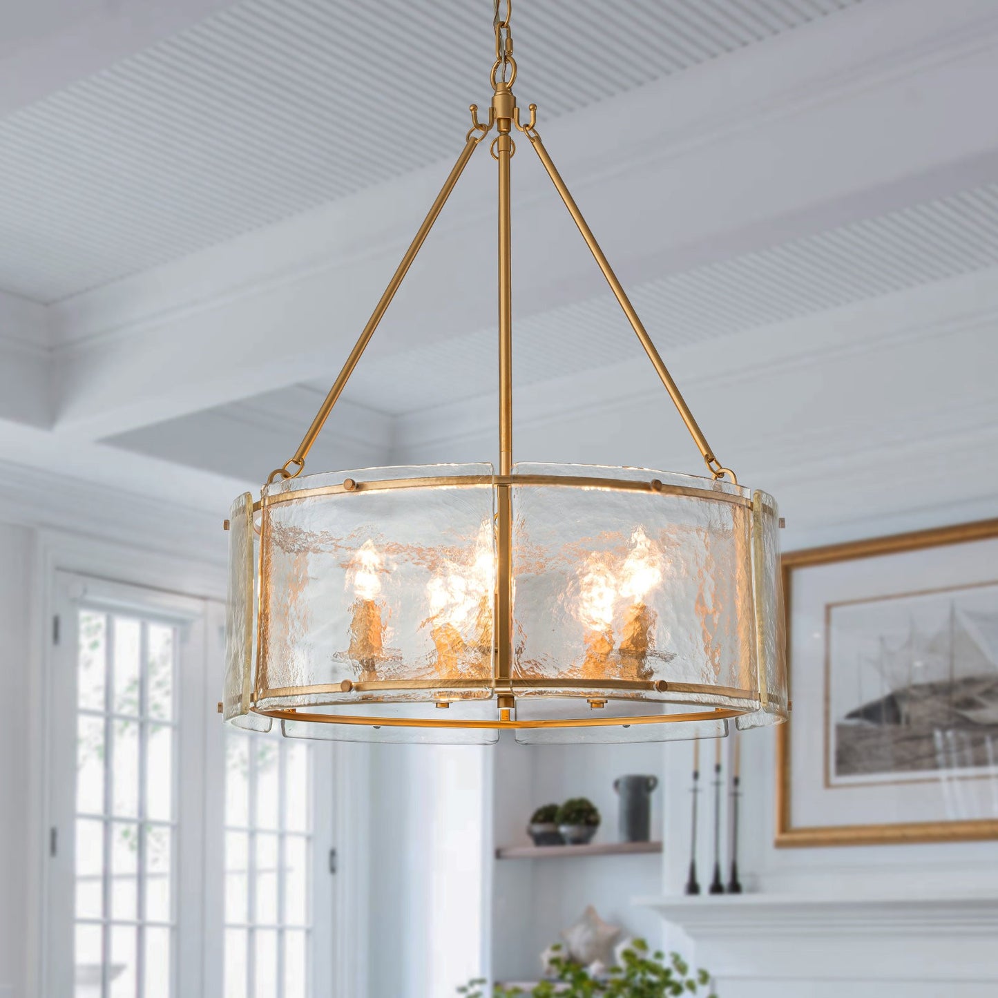 Coriander Farmhouse Water Ripple Glass Drum Chandelier